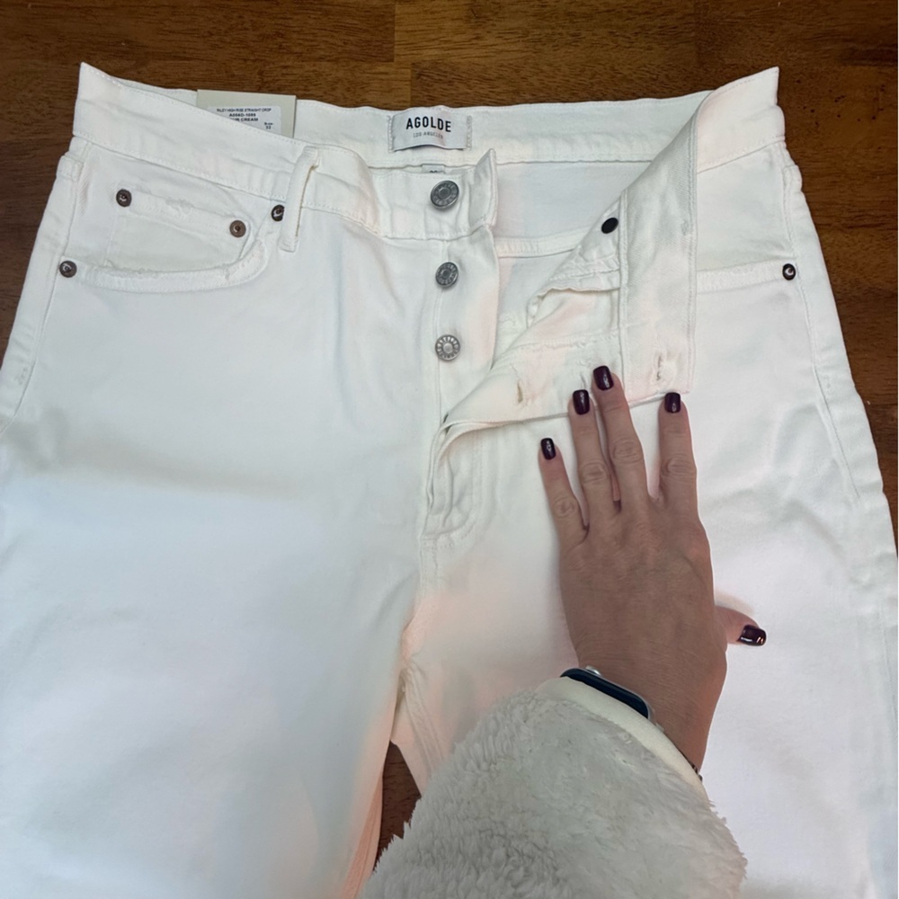 Agolde White Riley High-Rise Straight Crop Jeans Sour Cream 32 - Picture 6 of 10
